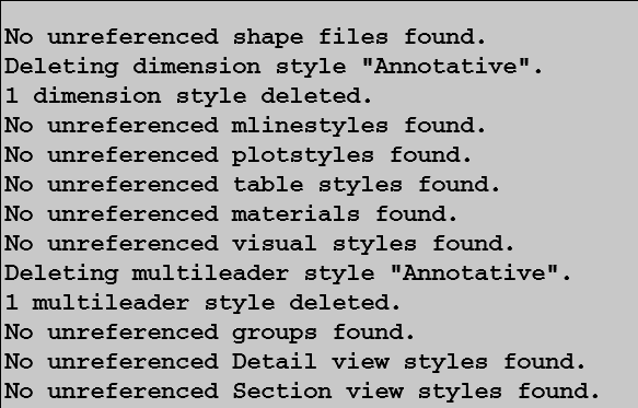 Screenshot of Text window after -PURGE:ALL